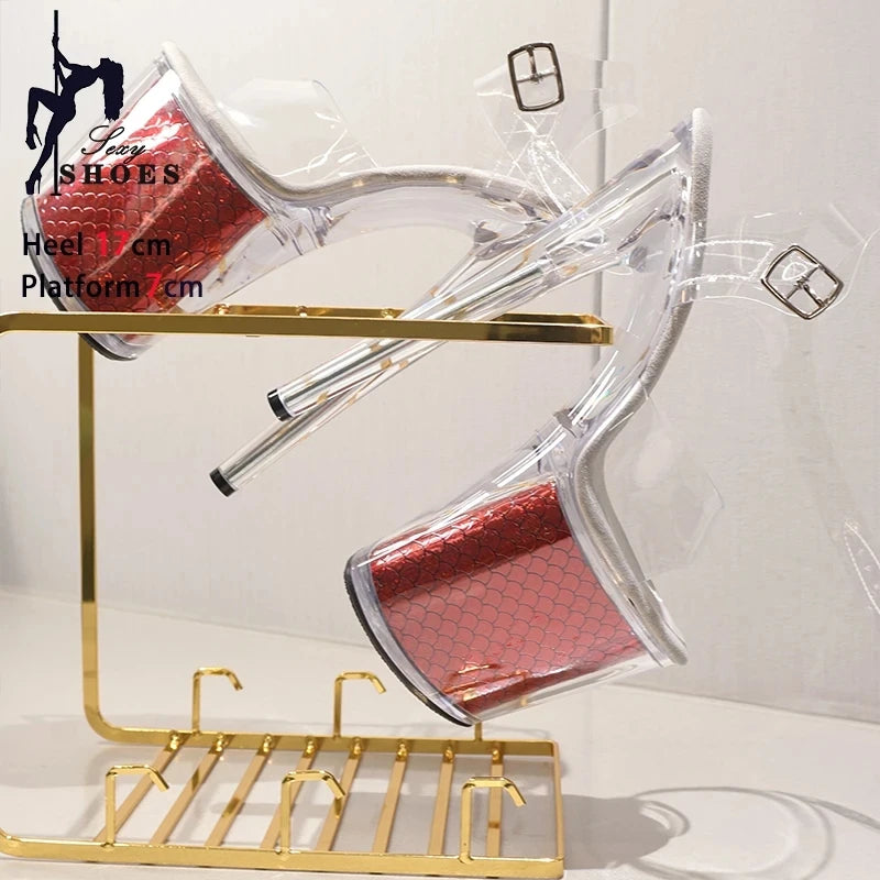 High-quality 17CM/7inches Women Sandals Stripper High Heel Shoes Transparent Platform Glitter Stiletto Pole Dance Shoes Wedding