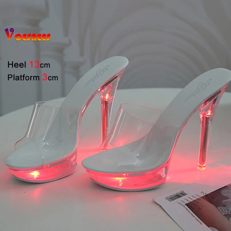Summer Led Illuminated Women Slippers Super High Heel 13cm Crystal Ankle Buckle Sandals Transparent Platform Female Party Shoes