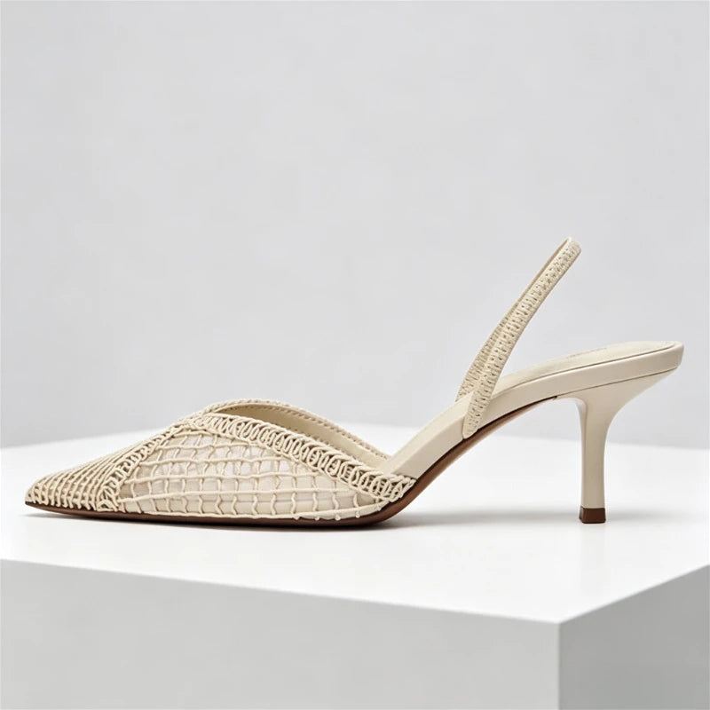Mesh Woven Design Thin High Heels Women Sexy Pointed Toe Breathable Back Strap Heeled Sandals Elegant Beige Party Dress Shoes