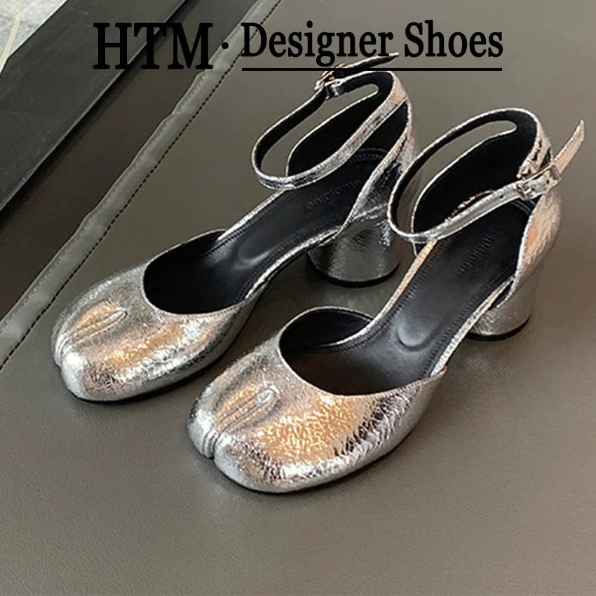 Tabi  Sandals Women Brand Designer Cross Ankle Strap Buckle Slingback Chunky High Heels 5CM Elegant Mary Jane Split-toe Shoes