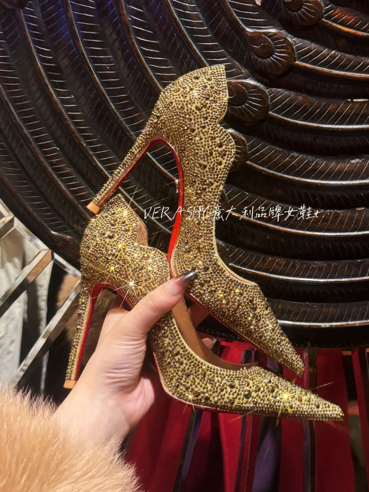 Full Diamond New Gold Fine Heel Pointed Fashion Versatile High Heels Water Diamond Wedding Shoes Women's Bridal Shoes