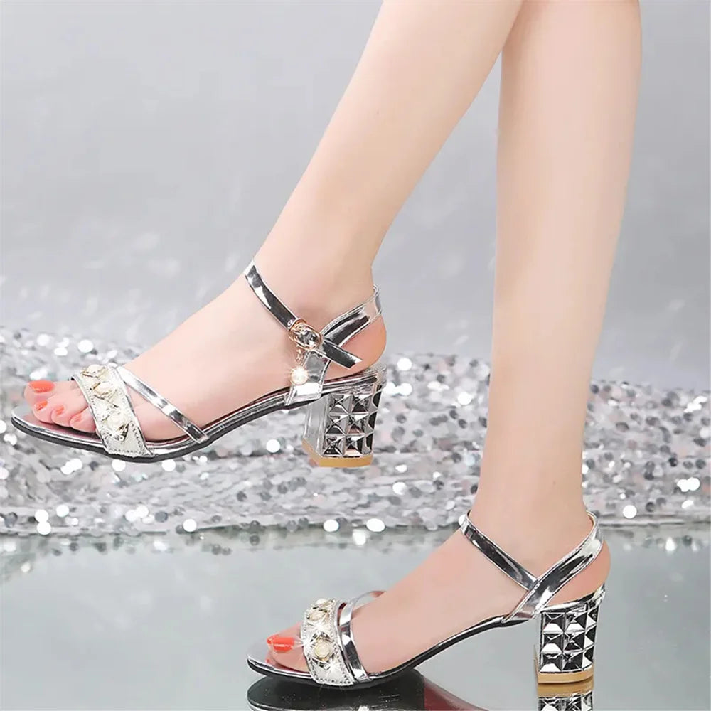 zapatos de mujer women cute sweet sexy silver square heel sandal shoes lady spring & summer golden comfort heel shoes fa615
