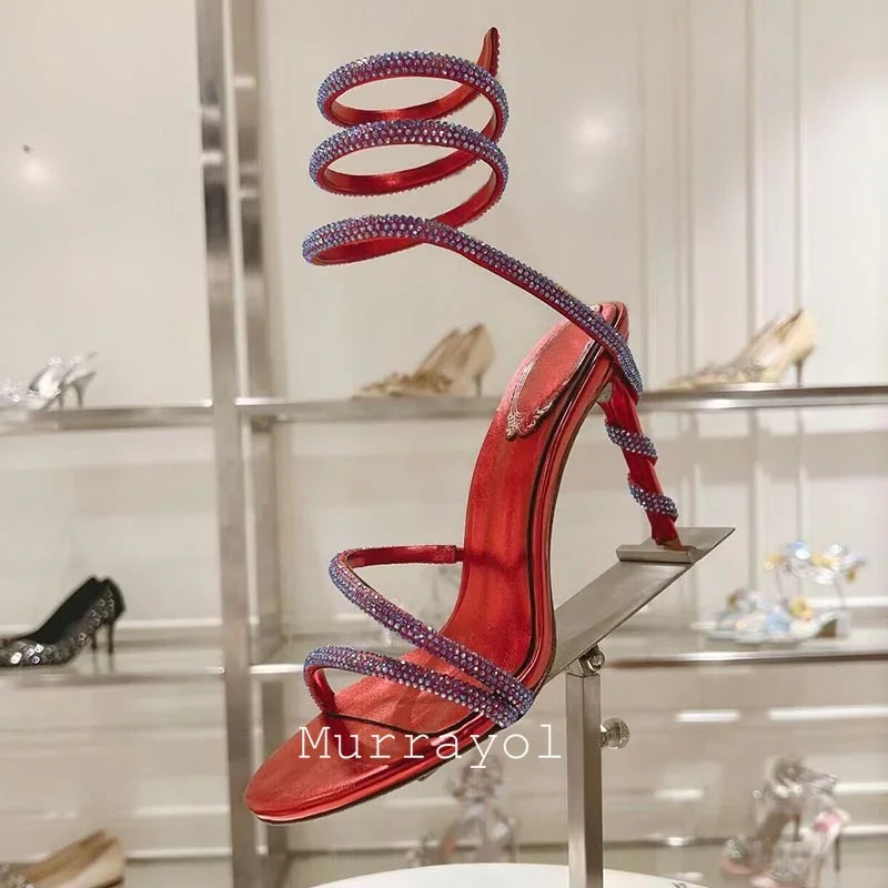 Glitter Crystal Decor High Thin Heels Sandals Women Shiny Snake Shaped Elastic Strap Design Sandalias Summer Party Dress Shoes