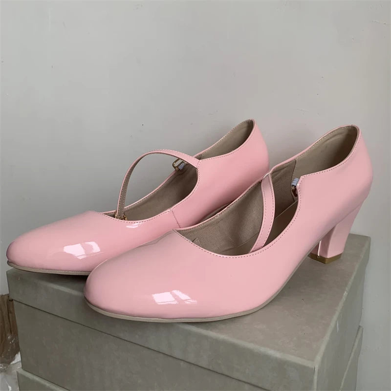 Women's Navy Blue High Heels Pumps Big Size 45 Lolita Mary Jane Shoes Elegant Black Red Pink Heeled Office Wedding Dress Shoes