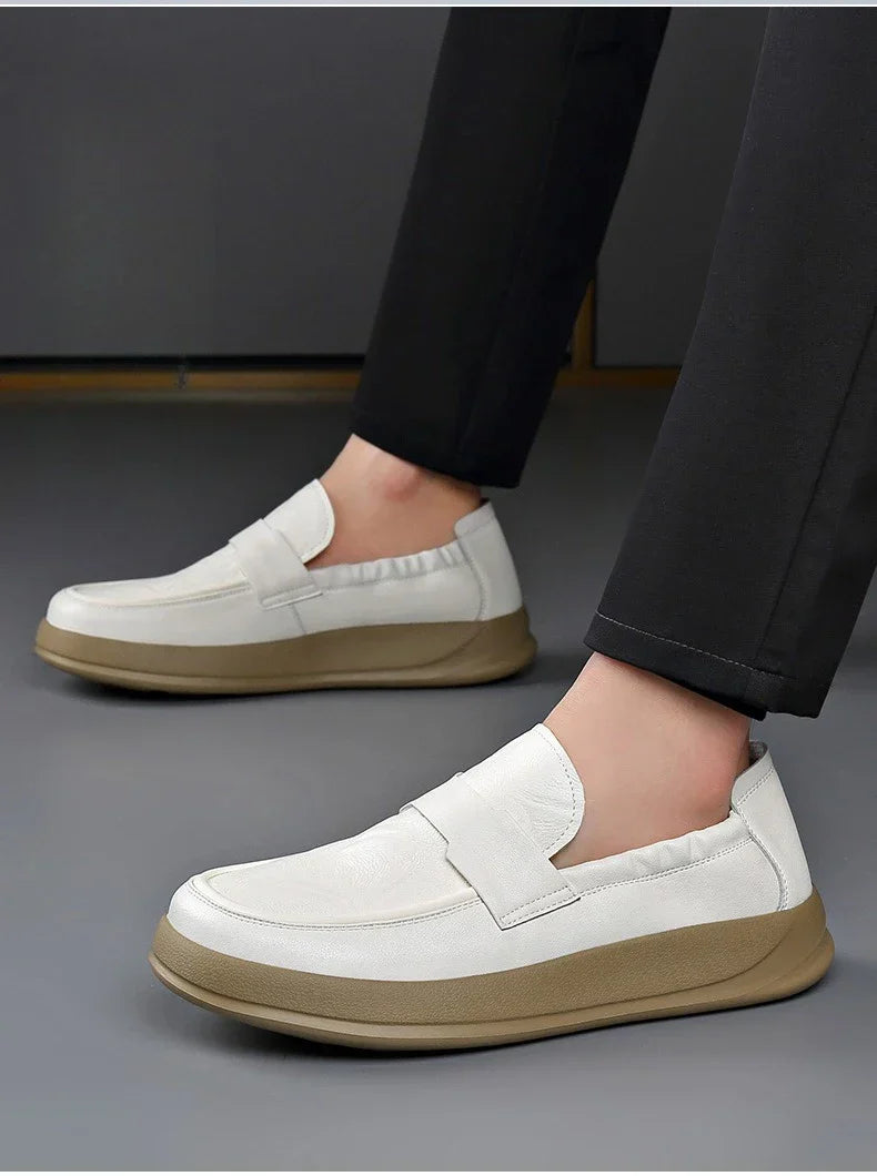 Spring Summer New Genuine Leather Shoes Men Solid Color Fashion Loafers Male Soft Sole Anti-slip Height-increasing Loafers Man