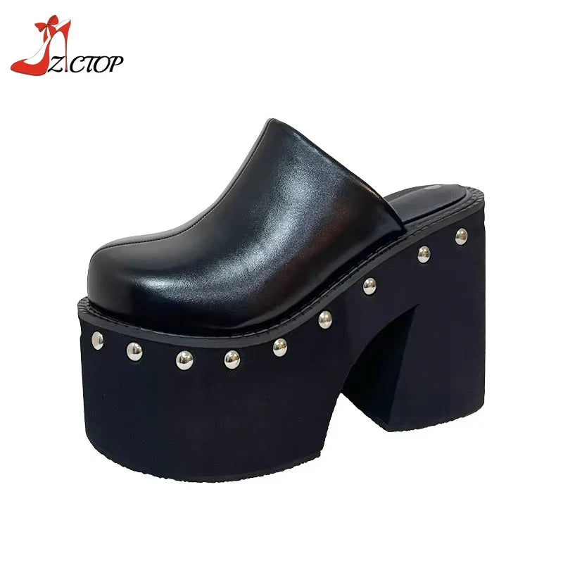 Women's Platform Sandals Black Gothic Closed Toe Chunky High Heels Slippers Rivet Slip On Y2k Punk Shoes Women Summer Size 41 42