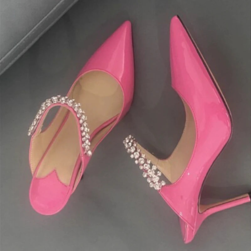 2026 New Fashionable Fine Heeled Muller Shoes with Pointed Water Diamond Chain Banquet Shallow Mouth Women's High Heel Sandals