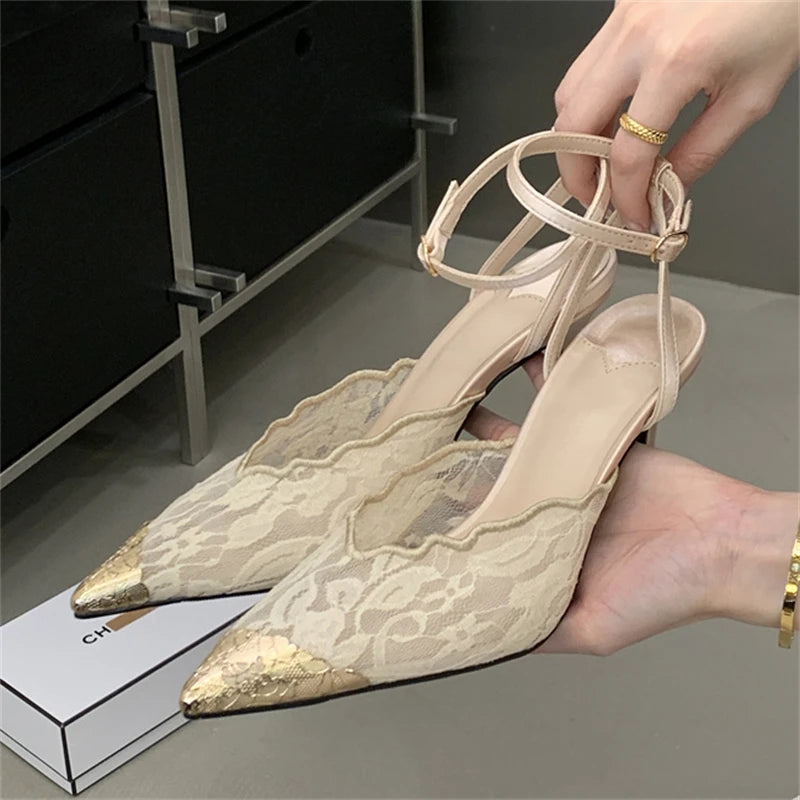 Aneikeh Fashion Retro Lace Designer Pointed Toe Thin Heels Slingbacks Pumps Women Wedding Banquet Dress Mules Ladies Shoes
