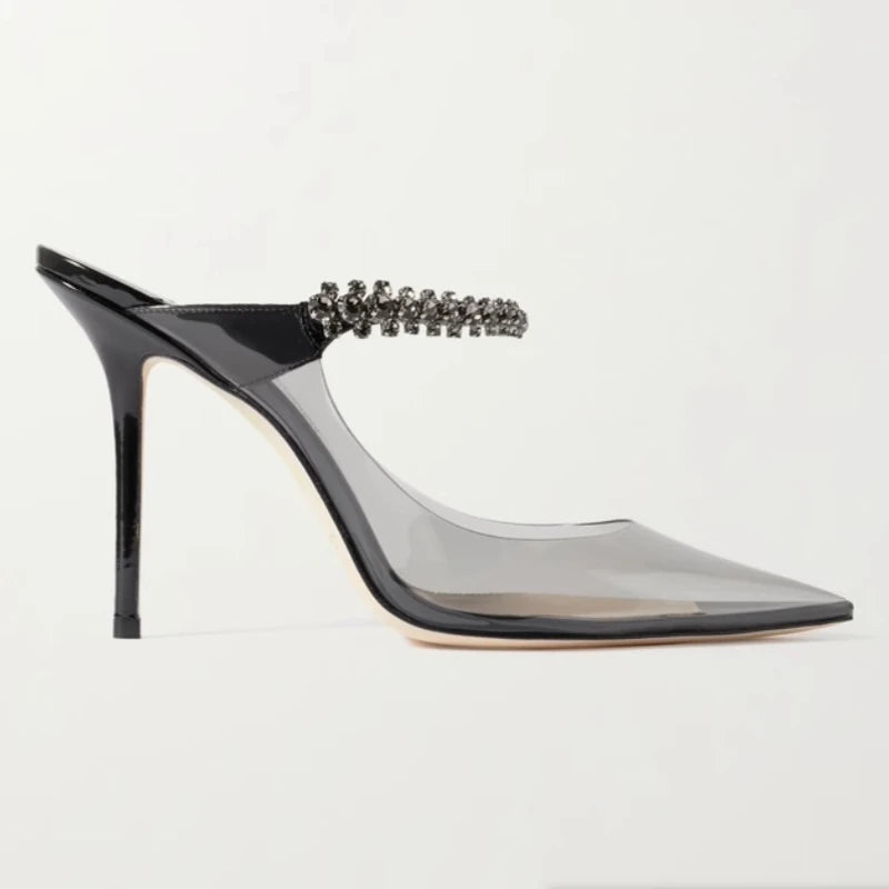 2025 Summer New Pointed High Heels Women's Muller Shoes Transparent Water Diamond Sexy Fashion Thin Heel Women's Sandals