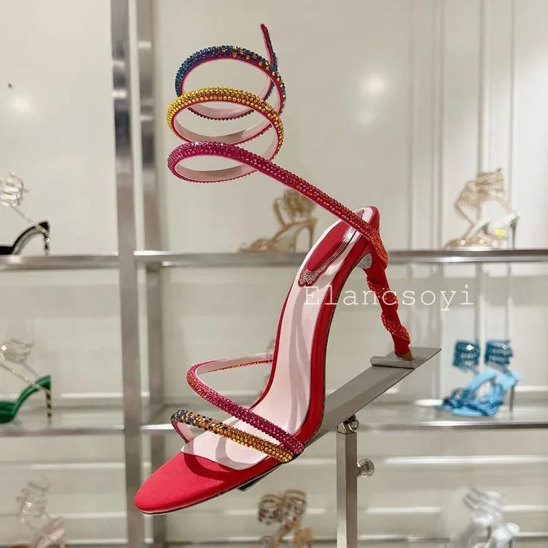 Thin Heels Gladiator Sandals Women's Shiny Rhinestone Ankle Snake Shaped Winding Party Shoes Summer Fashion High Heels Sandalias