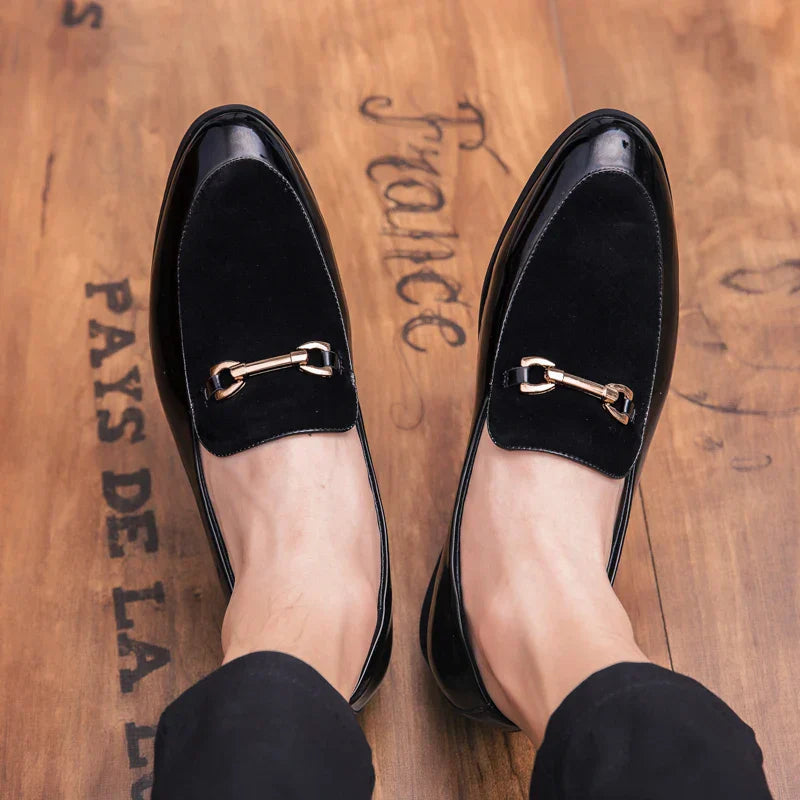 VIPOL Men's pointed suede formal shoes, retro new patchwork loafers mixed with slipper shoes, wedding dress leather shoes