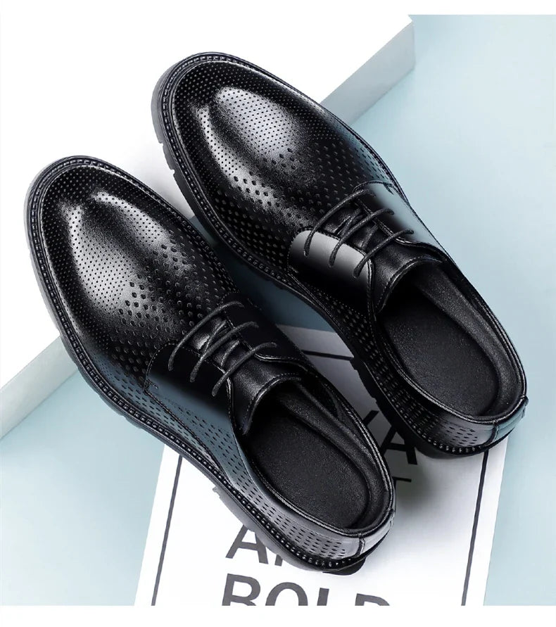 Summer Hollow Out Breathable Men Height Increasing Oxford Shoes 8/10CM Formal Business Dress Wedding Party Elevated Leather Shoe