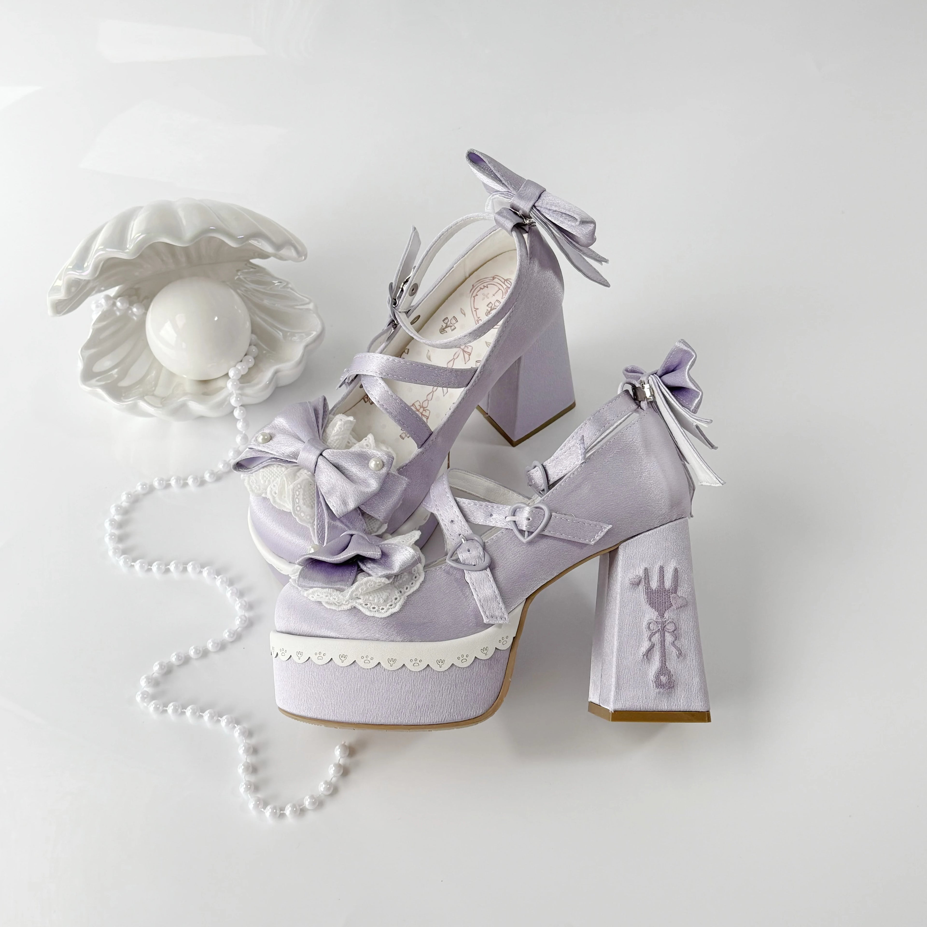 Lovely Girls Lolita High Heels Platform Shoes ,Young Women Students Sweet Pearl Lace Bowknots Embroidery Ankle Strap Mary Janes