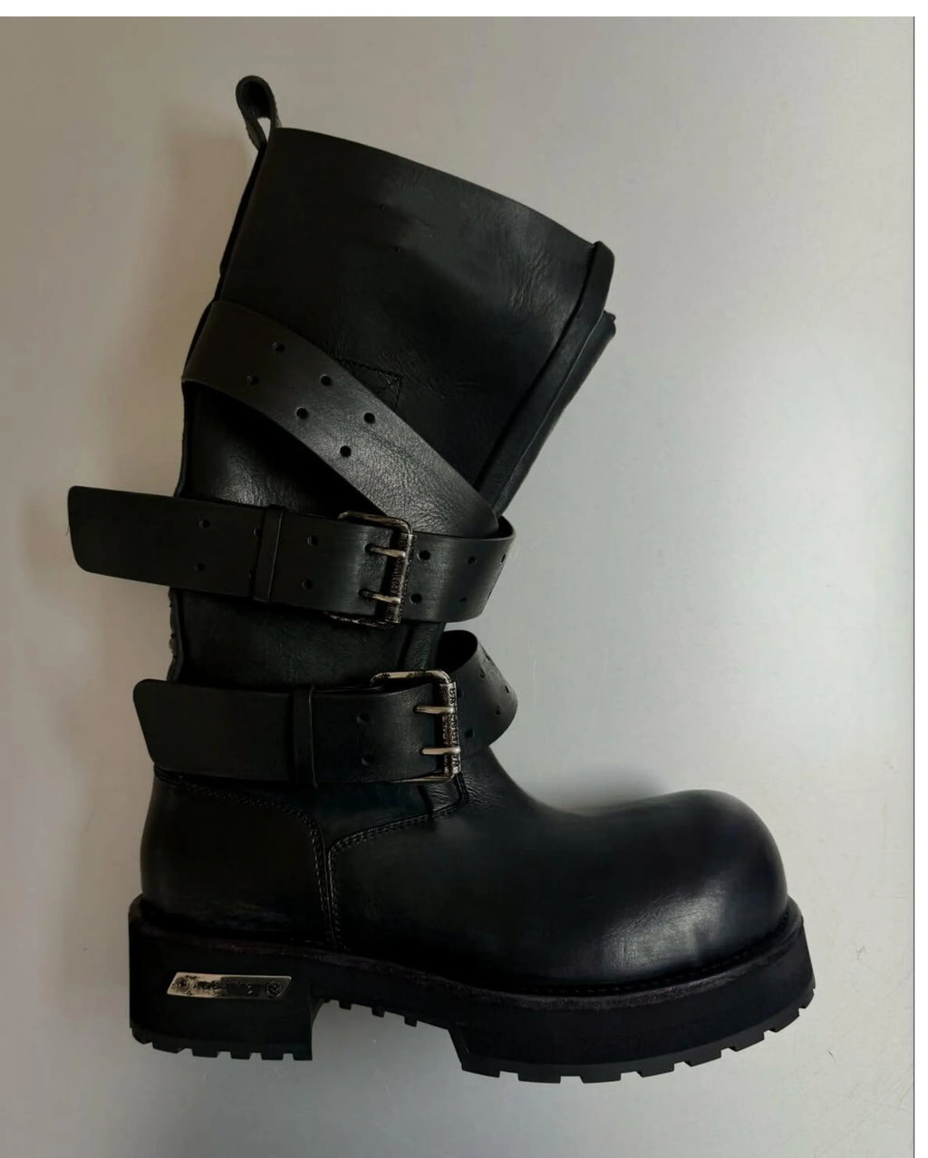 Modern Vintage Big Round Toe Height Increasing Boots Men's Belt Buckle Street Style Mid-Calf Boot Platform Motorcycle Boots
