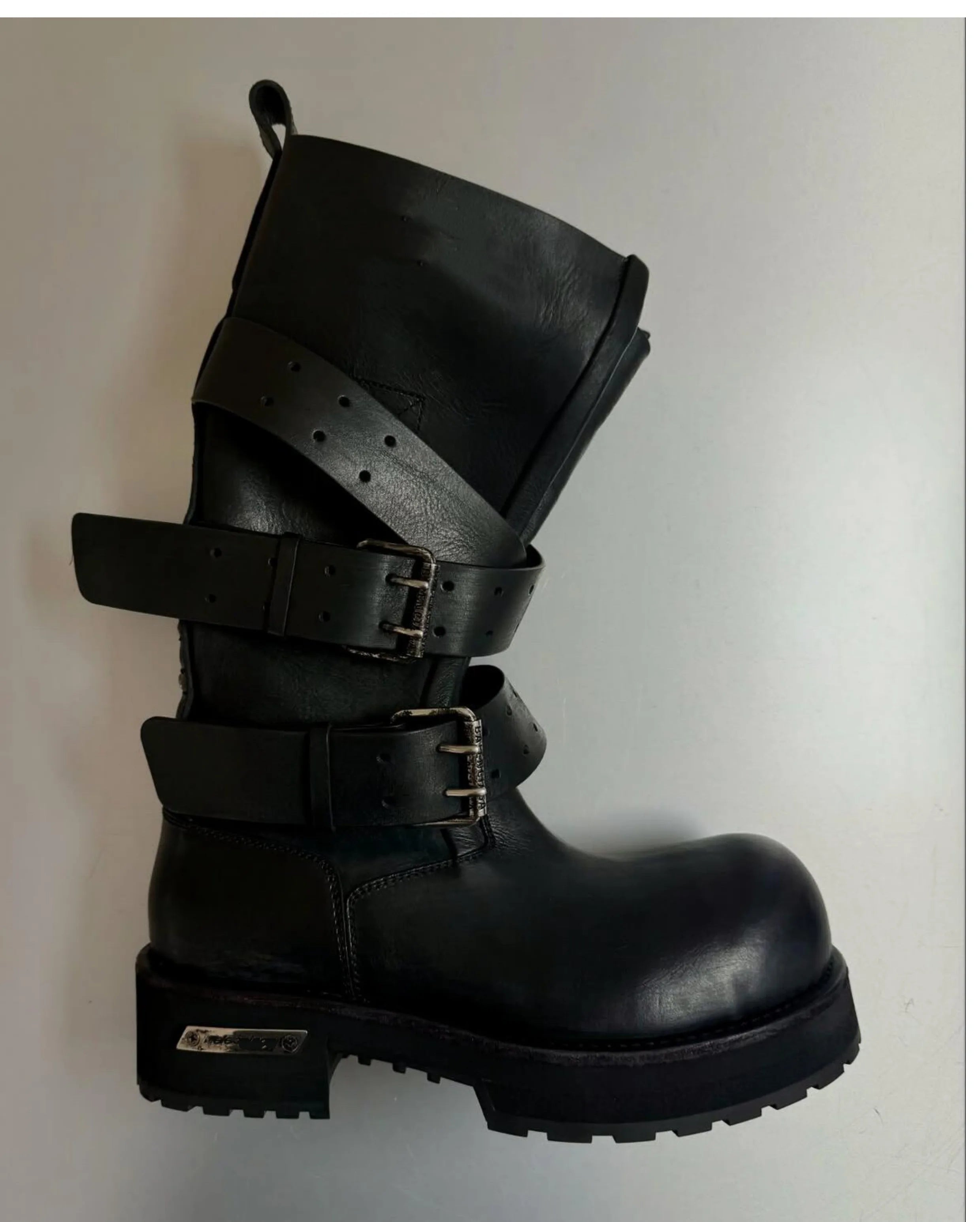 Modern Vintage Big Round Toe Height Increasing Boots Men's Belt Buckle Street Style Mid-Calf Boot Platform Motorcycle Boots