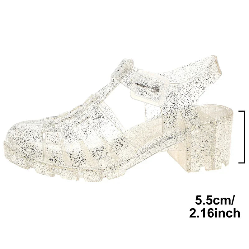 2026 New High Heels Transparent Sandals Women Summe Sequins Thick Heeled Rome Sandalias Mujer Closed Toe Beach Sandles Woman