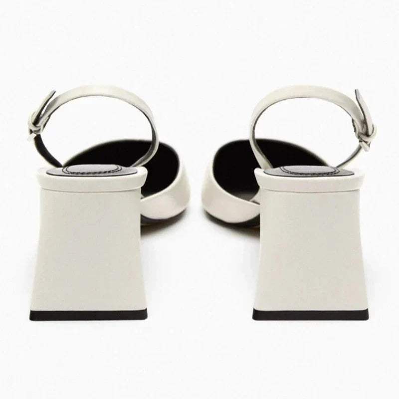 Sexy White Pointed Toe Chunky Heel Pumps Women Luxury Back Strap Buckle Designer Shoe Elegant Commuting Office Shoe Talons Femme