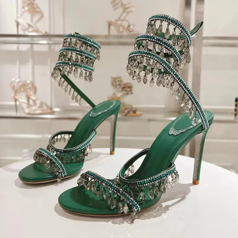 Sexy High Heels Gladiator Sandals Women Crystal String Bead Snake Twine Around Ankle Strap Wedding Shoes Summer Sandals Woman