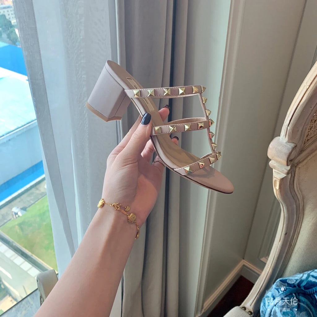 Luxury Women's Shoes Gladiator Shoes Woman 2026 Trend for Women's Sandals Summer Slippers Chunky Heel Leather Rivets High Heels