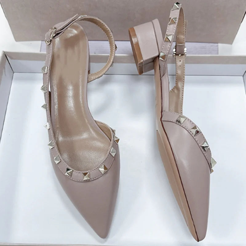 Women Real Leather Shiny Back Buckle Strap Fashionable Sandals European And American Style Trendy Shoes Closed Toe Gold Studs 42