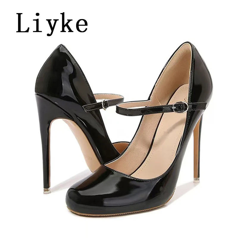 Liyke Big Size 44 45 46 Patent Leather Stiletto High Heels For Ladies Party Prom Shoe Fashion Round Toe Buckle Strap Women Pumps