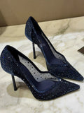 Blue Mesh Diamond Studded Pointed High-Heeled Shoes with Fine Heels Crystal Shoes, New Slim Heels Hollowed Out Lace Single Shoes