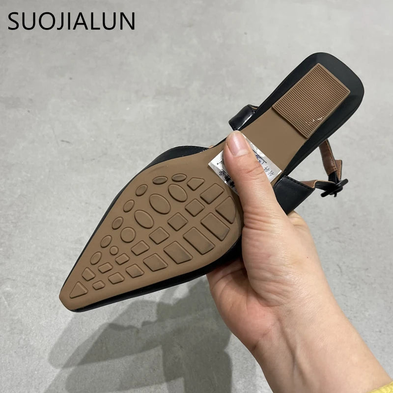 SUOJIALUN 2023 Spring New Shallow Slip On Women Slingback Shoes Soft Casual Ladies Sandal Shoes Flat Heel Outdoor Dress Mules