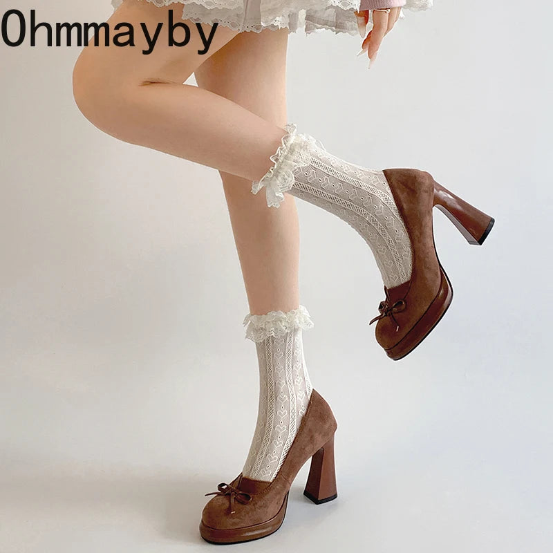 Butterfly-knot Women Mary Jane Shoes Fashion Shallow Slip On Pumps Concise Dress Thick Heel Ladies Footwear