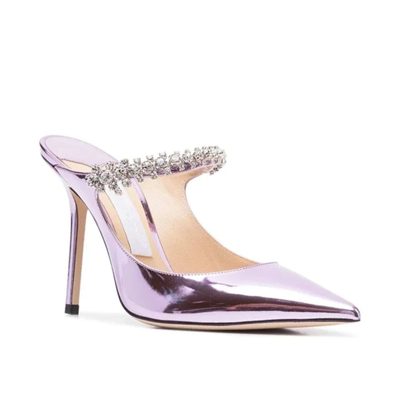 2025 Summer New Pointed High Heels Women's Muller Shoes Transparent Water Diamond Sexy Fashion Thin Heel Women's Sandals
