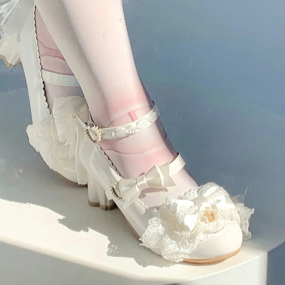 Sweet Girls Lolita Wedding Dress Kitten heels Shoes ,Young Women Students Cute Sakura Lace Bowknots Princess Mary Janes Sandals