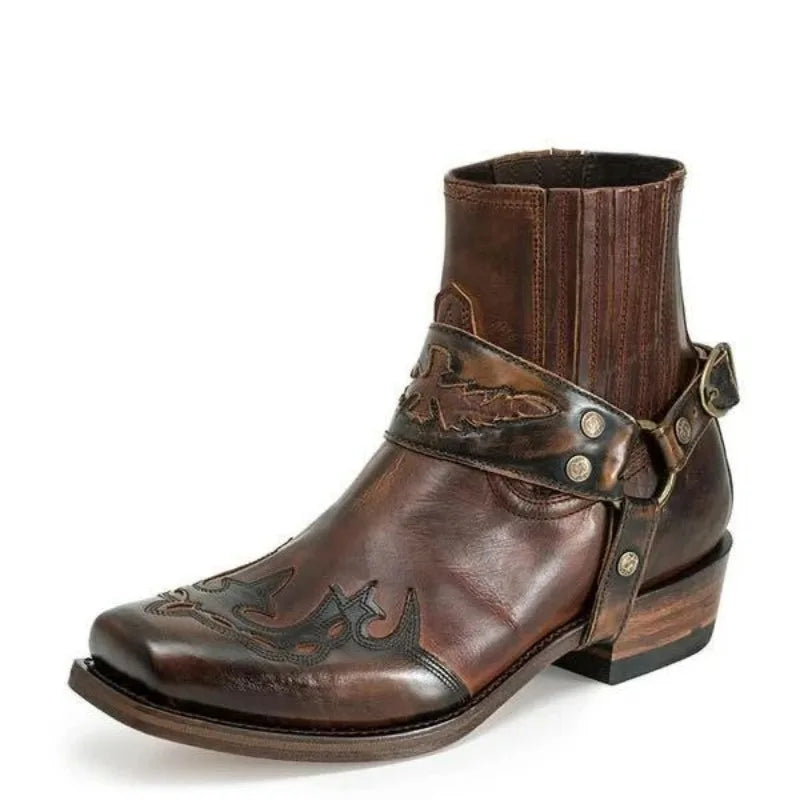 Men Western Cowboy Boots Square Toe Ankle Boots Retro Embroidery Men's Boots Outdoor Leather Boot Plus Size Buckle Casual Shoes