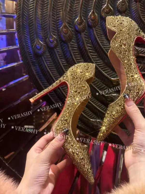 Full Diamond New Gold Fine Heel Pointed Fashion Versatile High Heels Water Diamond Wedding Shoes Women's Bridal Shoes