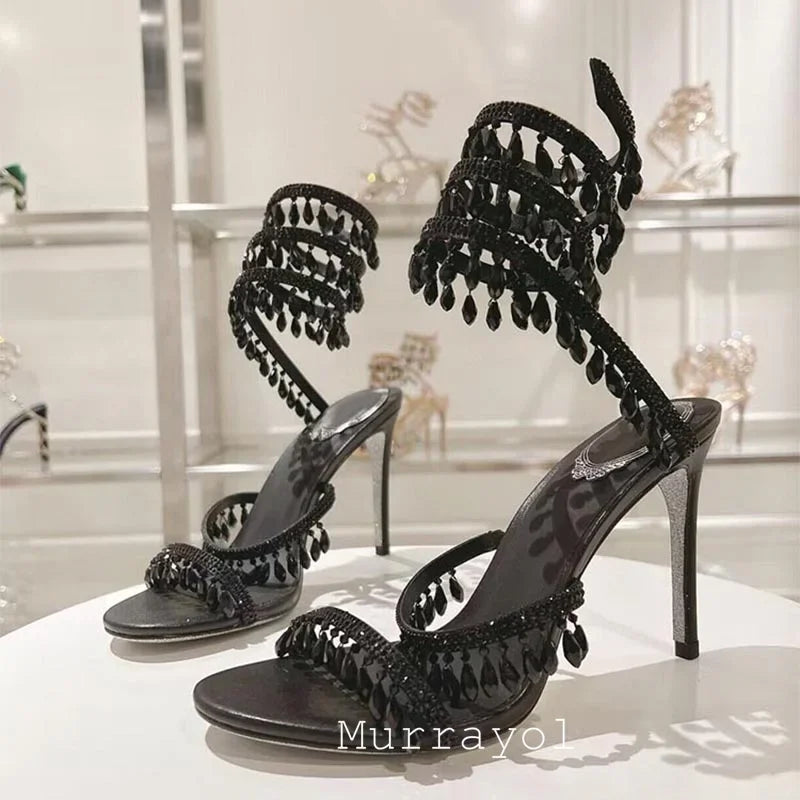 Tassels Rhinestone Decor Thin High Heels Sandalias Women Ankle Snake Shaped Strap Entanglement Sandals Summer Party Dress Shoes