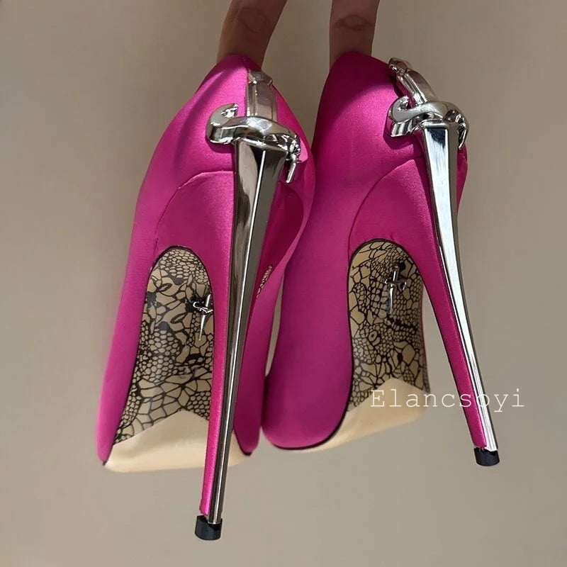 Women Pumps Real Leather Metal Sword Pointed Toe High Heel Shallow Mouth Thin Heel Single Shoes Spring Autumn Sexy Runway Shoes