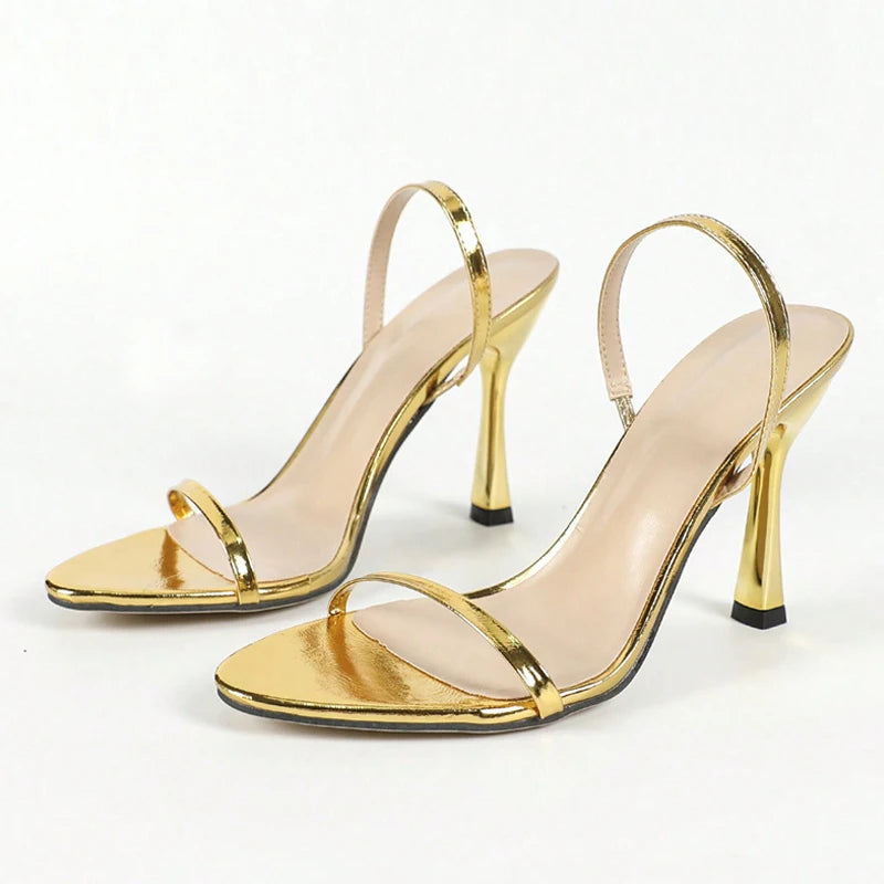 Liyke Summer Gold High Heels Gladiator Sandals Women Fashion Open Toe Slingback Shoes Sexy Slip On Back Strap Sandalias Mujer