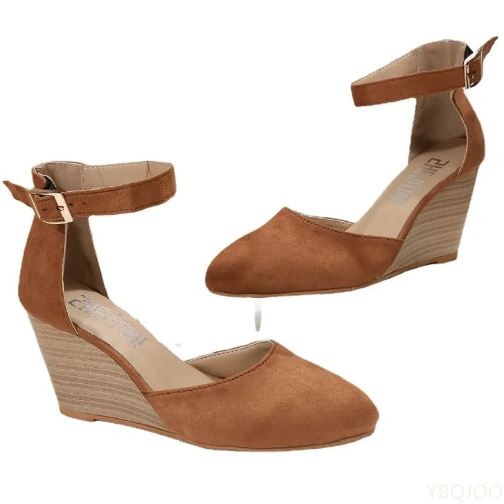 Fashionable pointed toe wedge thick soled buckle women's sandals with straight buckle solid color suede toe cap women's shoes