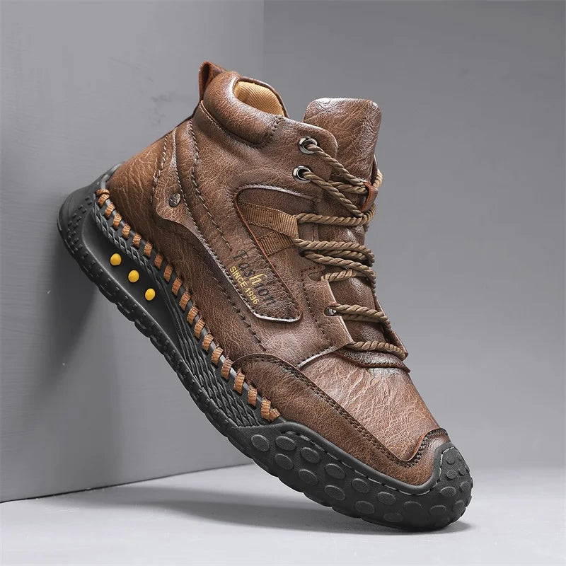 Men's Hand-Stitched Fashion Boots, Retro Lace-Up Mid-High Casual Shoes, Suitable for Spring and Autumn Daily Wear, Outdoor Hiking Boots, Comfortable Large-Size Men's Shoes