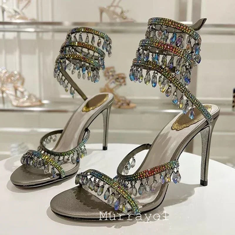 Tassels Rhinestone Decor Thin High Heels Sandalias Women Ankle Snake Shaped Strap Entanglement Sandals Summer Party Dress Shoes