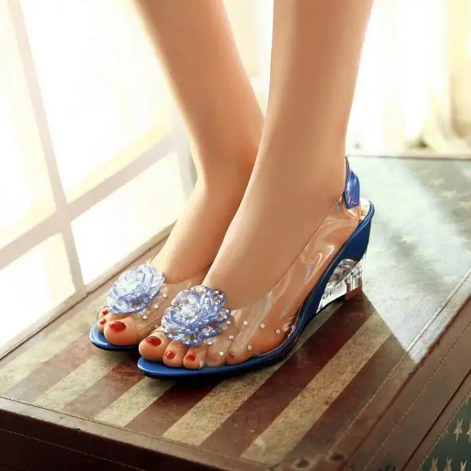 6.5CM Wedges Sandals Women Summer Sweet Flowers Transparent Open Toe Heels Sandals Fishmouth Red Sandals Plus Size49