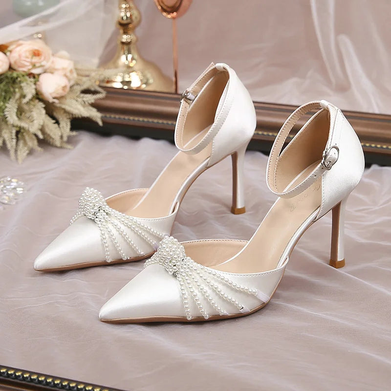2026 New String Bead Pumps Pointed Thin Heels White Wedding Shoes Bridesmaid High Heels Sexy Satin Single Shoes
