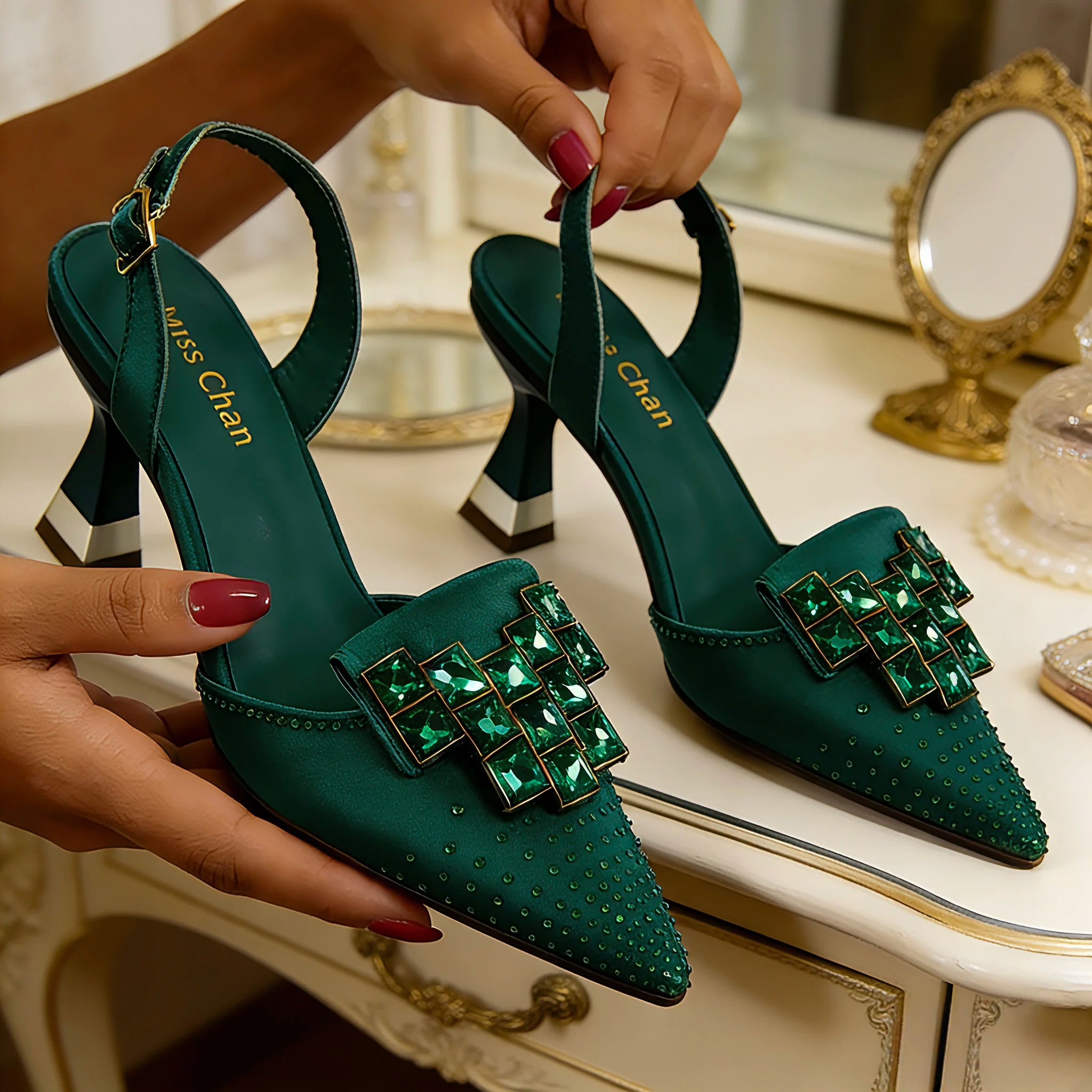 Venus Chan 2026 Elegant Green Slingback Heels with Rhinestones – Italian Design, Pointed Toe Bridal & Evening Party Footwear