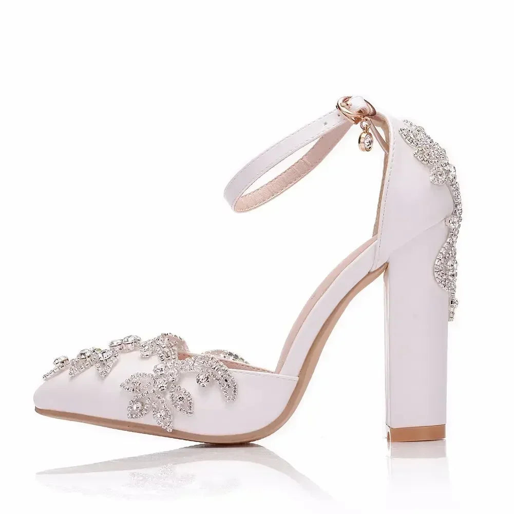 2026 Thick Heel Pointed Toe Shoes Large Size  Thick Heel Sandals Women Rhinestone Wedding Shoes Women White Wedding Shoes Drill