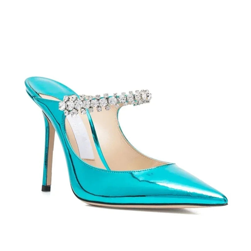 2025 Summer New Pointed High Heels Women's Muller Shoes Transparent Water Diamond Sexy Fashion Thin Heel Women's Sandals