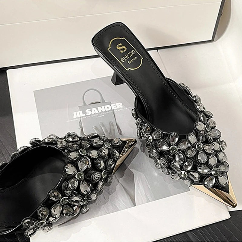 Luxury Rhinestones Pointed Toe Mules Pumps Women Slippers Summer New Fashion Slides Designer High Heeled Sandals Female Tacones