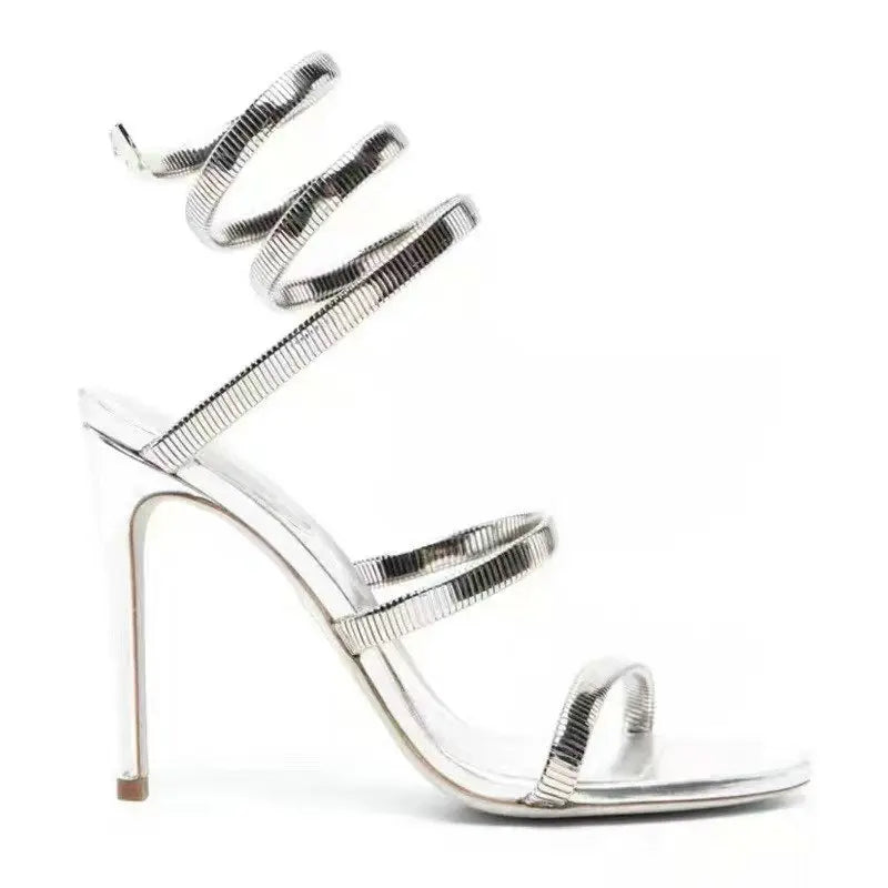 2026 Summer New Gold One-Line Strappy Sandals Women Snake Wrapped Sexy Square Head High Heels Stiletto Party Shoes