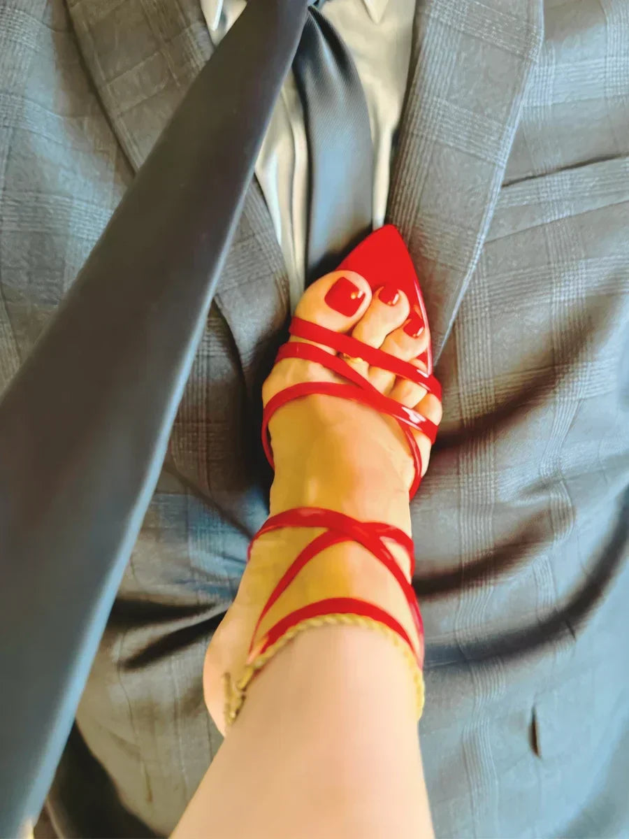 2025 New Summer Pointed Toe Cross Straight Strap Sandals with Thin Heels for Women, Red Bottom High Heels, Fashion Sandals