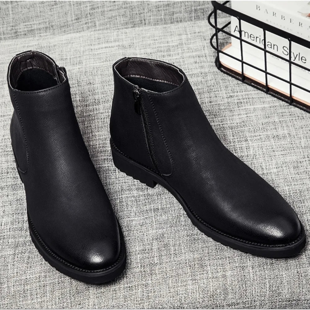 Spring Fashion Leather Men's Boots Convenient Zip Pointed Toe Business Dress Boots Shoes for Men Black Brown Ankle Boots for Man