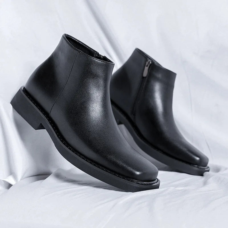 Luxury Fashion Black Men Casual Leather Shoes Autumn Winter Dress Ankle Boots Vintage British Business Square Toe Chelsea Boots