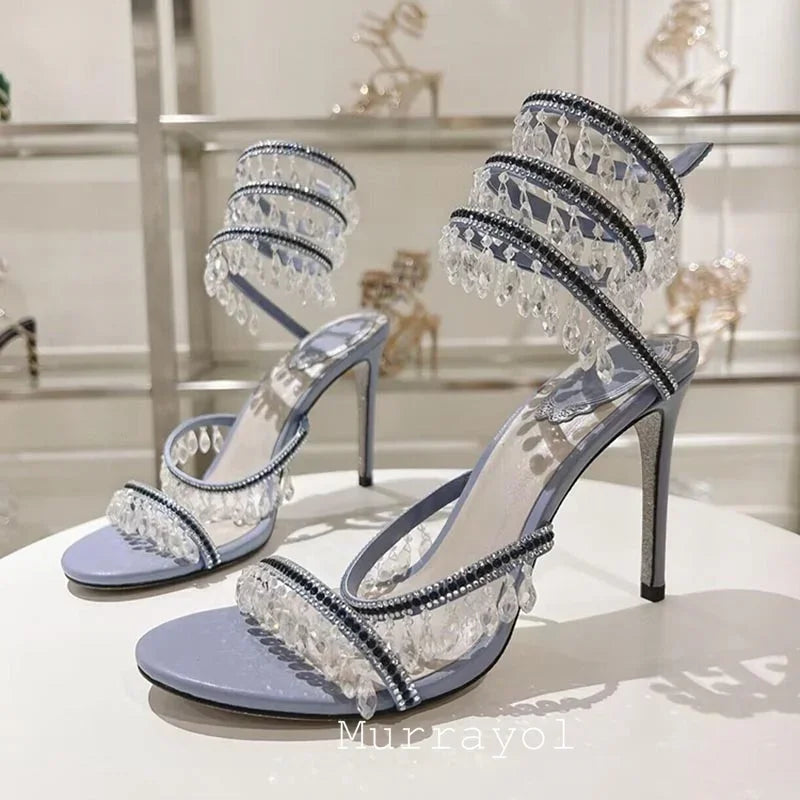 Tassels Rhinestone Decor Thin High Heels Sandalias Women Ankle Snake Shaped Strap Entanglement Sandals Summer Party Dress Shoes