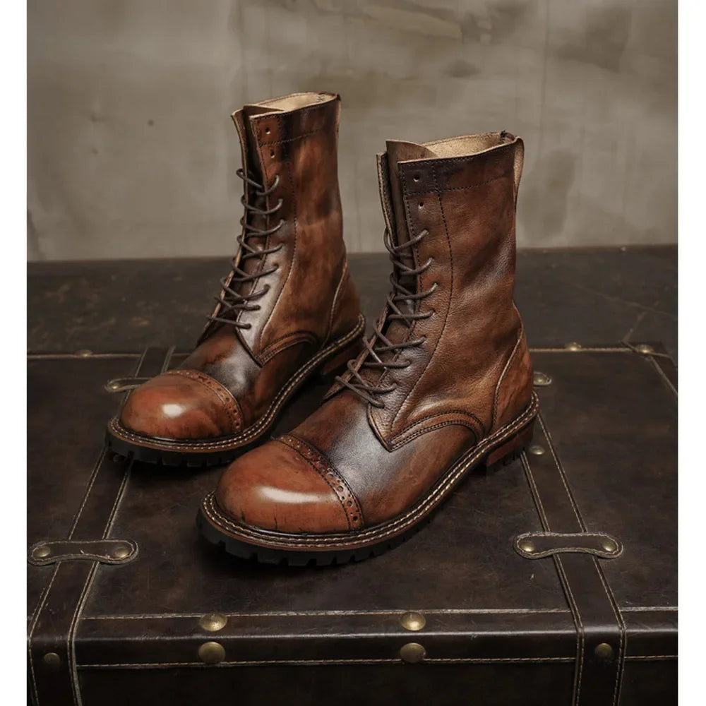 حذاء رجالي من الجلد الطبيعي للدراجات النارية طراز بروغ كلاسيكي برقبة عالية مستديرة حتى منتصف الساق نمط رعاة البقر الغربي تشيلسي بني